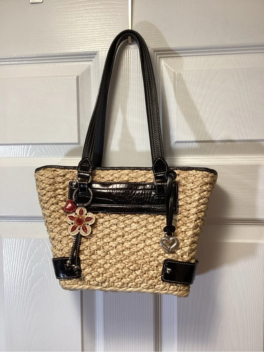 Brighton Handwoven Straw & Black Leather Handbag